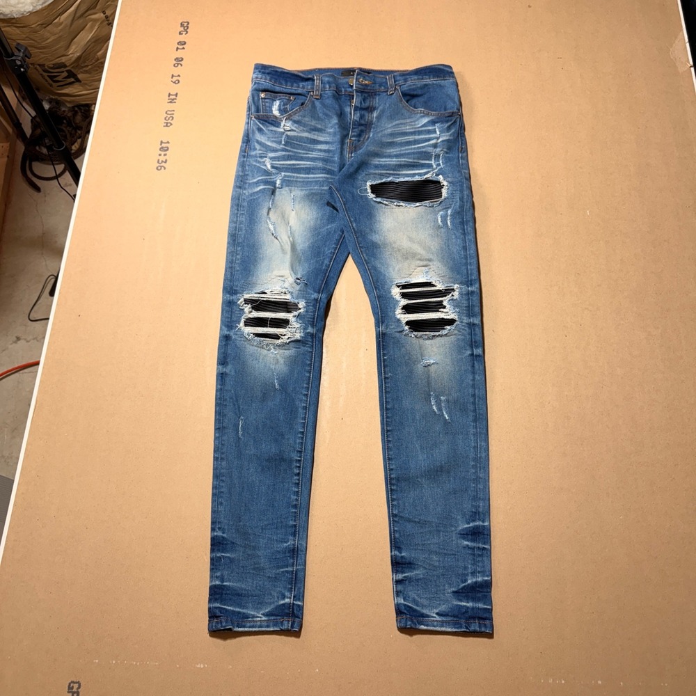 Amiri MX1 Distressed Jeans 30 Blue Excellent Ribbed Leather Patch Skinny